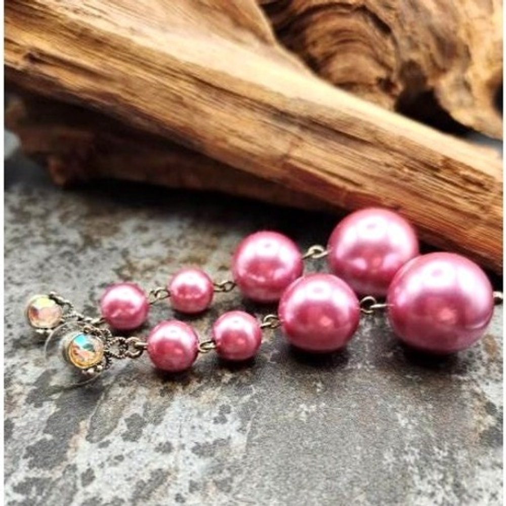 Vintage Pink Acrylic Faux Pearl 3 1/2" Graduated Drop Bead Earrings AB Crystals